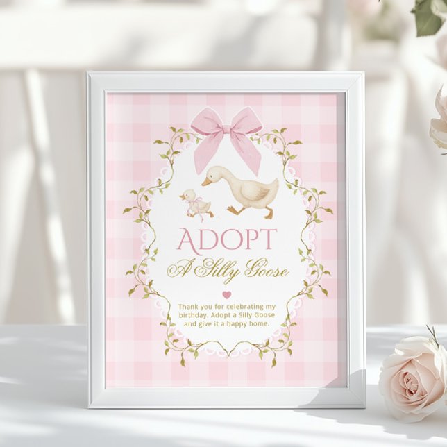 Poster Adote Um Ganso Bobo Gingham Rosa 1º Aniversário (Criador carregado)