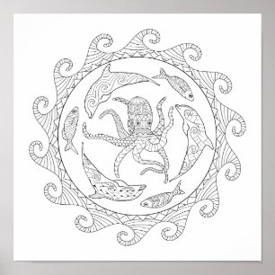 Poster adulto da coloração da vida marinha