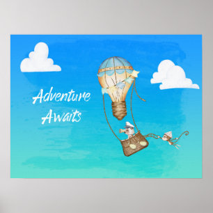 Poster Adventure Aguarda Macaco Balão de Ar Quente