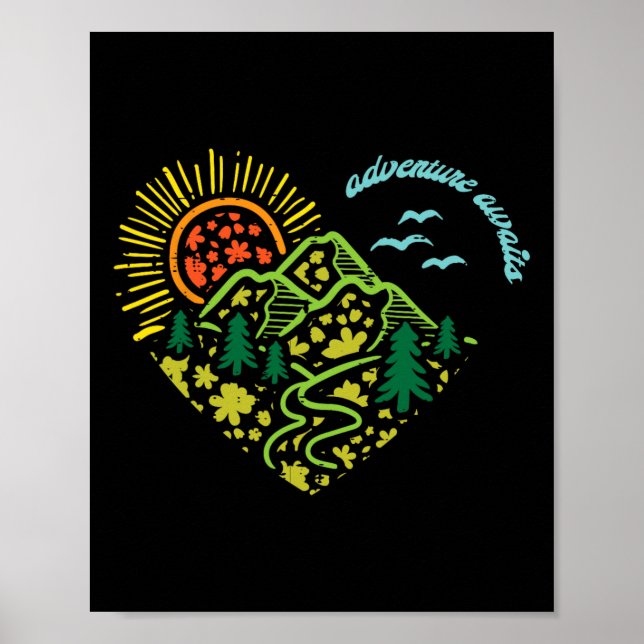 Poster Adventure Awaits Mountains Sun Camping Hiking Wome (Frente)