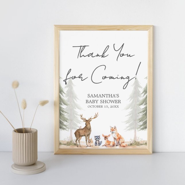 Poster Adventure Begin Chá de fraldas Obrigado Sign (Let the Adventure Begin Woodland Baby Shower Thank you for Coming Sign)