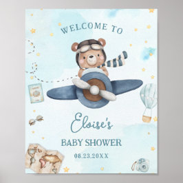 Poster Adventure Cute Bear Blue Plane Boy Baby Shower