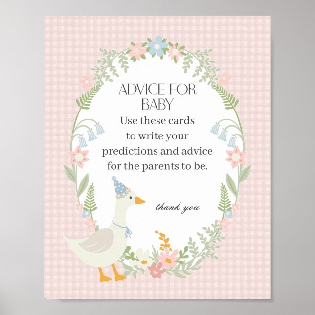 Poster Advertência Floral Gingham para Bebê de Ganso Rosa (Frente)