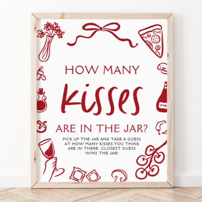 Poster Advinhe Quantos Beijos Chuveiro de Noiva Pizza Ita (Italian Pizza Guess How Many Kisses Bridal Shower Sign)