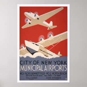 Póster Aeroportos Municipais, 1936. Viagens Aéreas Antiga