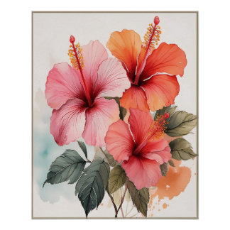 Póster Aestética Watercolor Floral Hibiscus Wall Poster