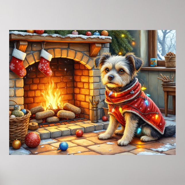 Poster Affenpinscher Sitting Fireplace Christmas Lights (Frente)