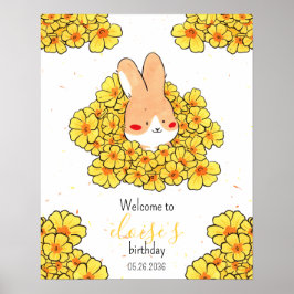 Poster Affiche anniversaire personnalisé lapin fleurs