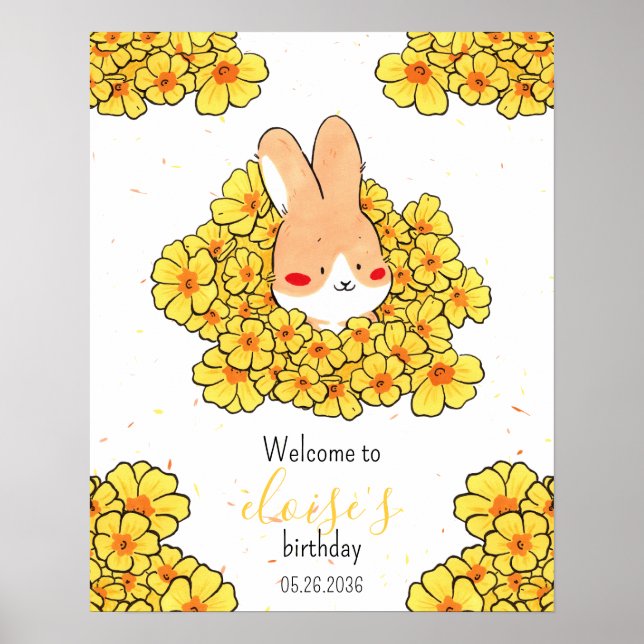 Poster Affiche anniversaire personnalisé lapin fleurs (Frente)