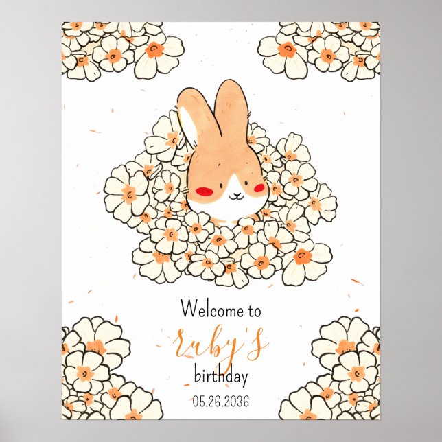 Poster Affiche anniversaire personnalisé lapin fleurs (Frente)