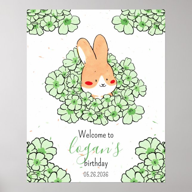 Poster Affiche anniversaire personnalisé lapin fleurs (Frente)