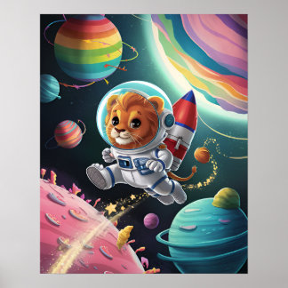 Poster Affiche Boho Illustration Lion dans l'Espace
