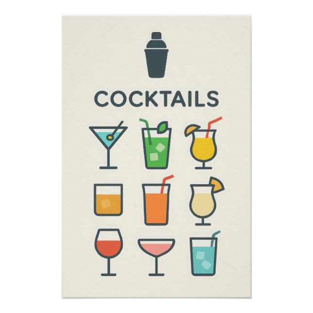 Póster Affiche Cocktails - martini, mojito, pina colada (Frente)