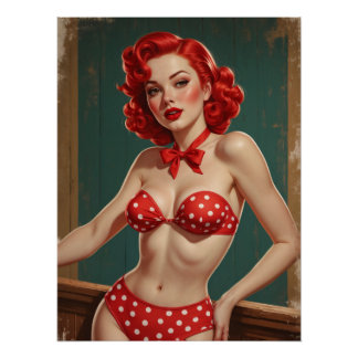 Póster Affiche Pin-Up aux cheveux rouges et bikini à pois