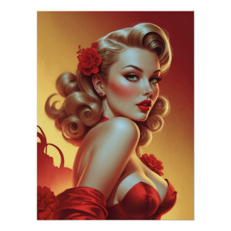 Póster Affiche Pin-Up Blonde en Robe Rouge