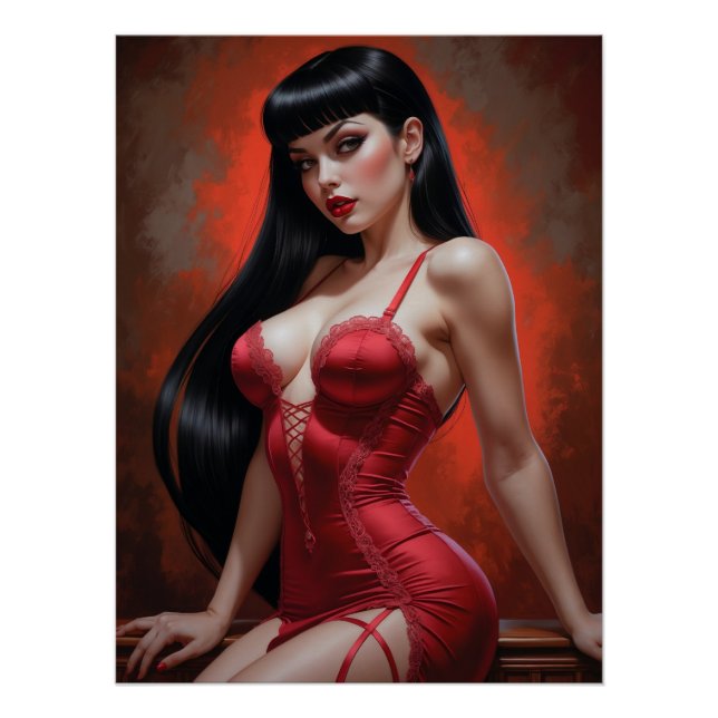 Póster Affiche Pin-up Brune Sensuelle en Robe Rouge (Frente)