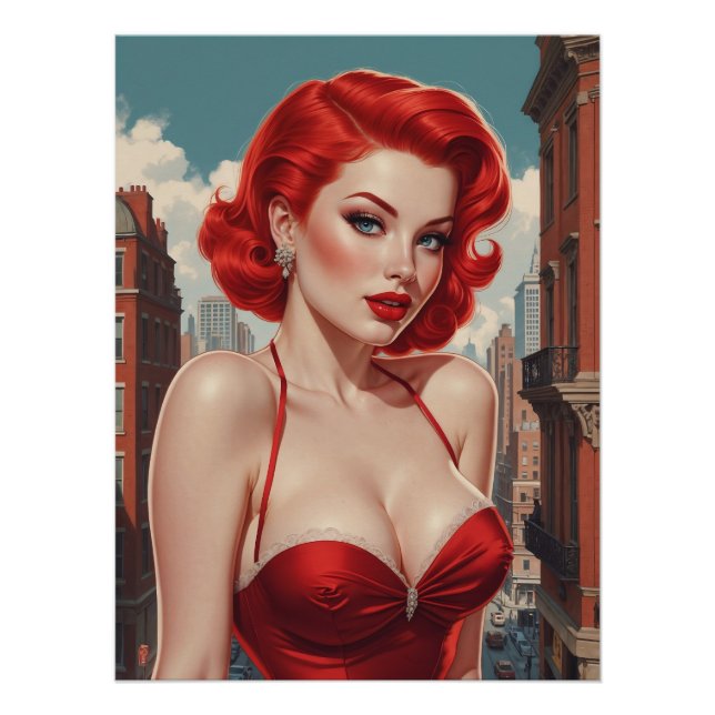 Póster Affiche Pin-Up Rousse Sexy Fond Urbain (Frente)