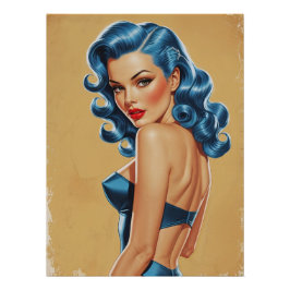Póster Affiche Pinup aux Cheveux Bleus en Maillot