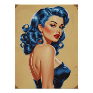 Póster Affiche Pinup aux Cheveux Bleus en Maillot