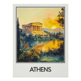 Póster Affiche vintage Athens, coucher de soleil sur le P