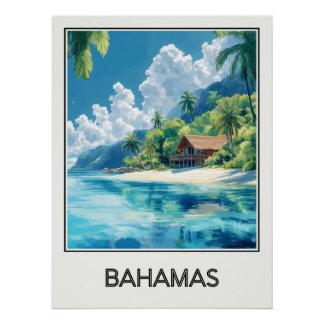 Póster Affiche vintage Bahamas, cabane sur plage tropical
