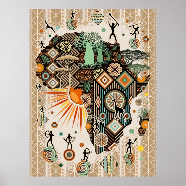 Poster Africa Map Decorative Tribal Elements Pattern (Frente)