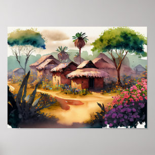 Poster África Village Aquarela Arte Digital