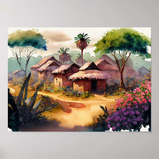 Poster África Village Aquarela Arte Digital (Frente)