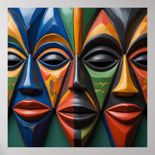 Poster African Tribal Mask Trio Dynamic Symmetry (Frente)