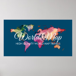 Poster Agência de Viagens Azul Mapa Mundial Colorido Aqua
