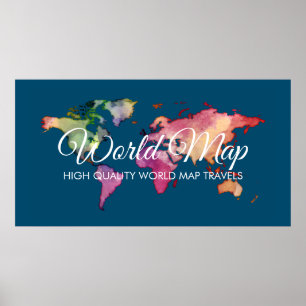 Poster Agência de Viagens Azul Mapa Mundial Colorido Aqua