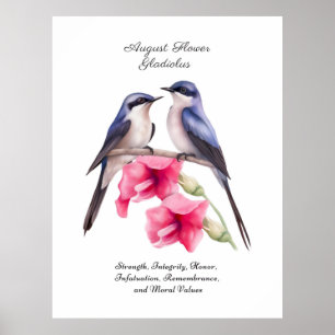 Poster Agosto Mês de Nascimento Flor Gladiolus com Aves