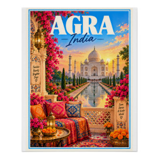 Póster Agra India Taj Mahal Travel Poster | Colorful Indi
