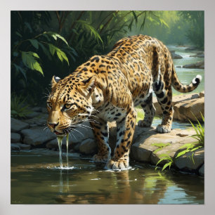 Poster Água-Bebendo-leopardo única na pintura fluvial