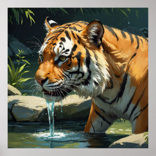 Poster Água Bebendo majestosa do Tigre da Pintura do Rio