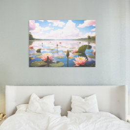 Póster Água Lily com Nuvens Rosa Refletindo no Lago |