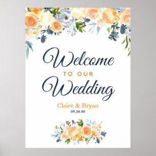 Poster Água-marinha Azul Coral Floral Casamento Bem-vindo