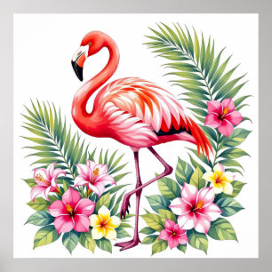 Poster Água Tropical Cor-de-rosa Flamingo Floral Havaiano