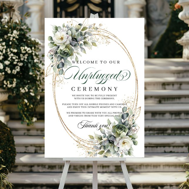 Poster Água verde dourada Cerimônia Desconectada Casament (Green Gold Watercolor Unplugged Ceremony Wedding Poster)