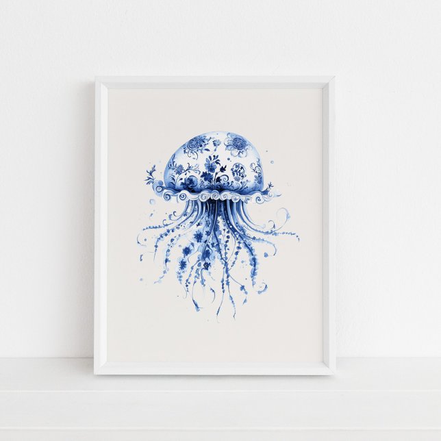 Poster Água-viva - Azul Costeiro na Arte de Parede Beige (Jellyfish – Coastal Blue on Beige Wall Art in a white frame on the floor.)