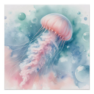 Póster Água-viva Delicada em Aquarela Rosa