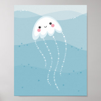 Poster Água-viva kawaii fofa nadando em ondas azuis suave