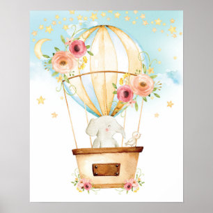 Poster Aguardam Aventuras de Elefante Floral Hot Air Ball