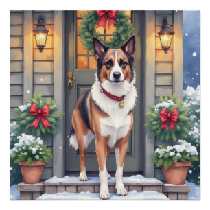 Póster Aguarela Beauceron Varanda Rústica Natal