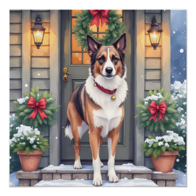 Póster Aguarela Beauceron Varanda Rústica Natal (Frente)