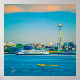 Póster Aguarela moderna da skyline de Seattle original