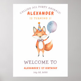 Poster Aguarela Raposa Fofa Aniversário de 1 ano