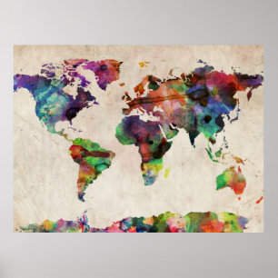 Poster Aguarela urbana do mapa do mundo