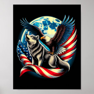 Poster Águia Americana Ld E Lobo Bandeira Dos EUA 4 De Ju