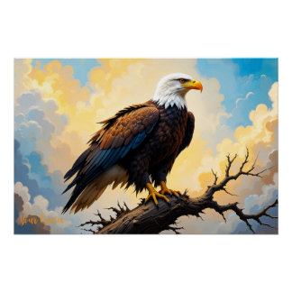 Póster Águia Americana Realista Empoleirada no Galho Pôr 